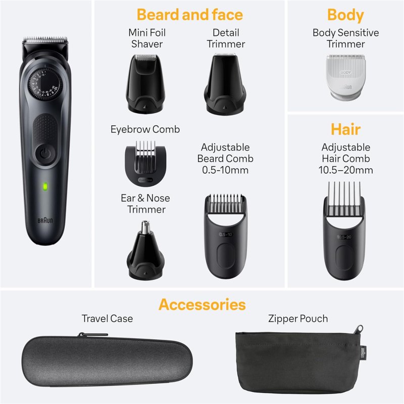 BRAUN SERIES 5 ALL-IN-ONE 8-IN-1 MENS TRIMMER KIT WITH BEARD, BODY, HAIR CLIPPERS, WATERPROOF