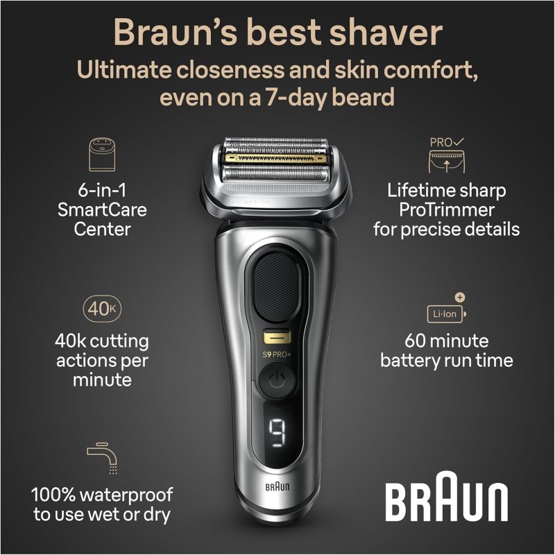 BRAUN SERIES 9 PRO ELECTRIC SHAVER FOR MEN, 6-IN-1 WET DRY RAZOR WITH PRECISION TRIMMER