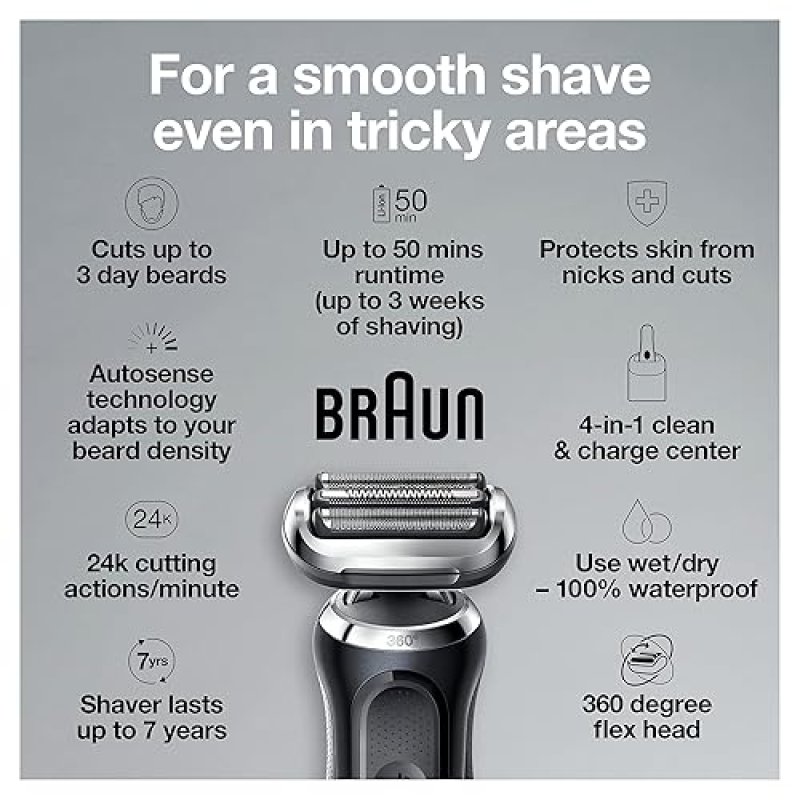 BRAUN SERIES 7 7075CC ELECTRIC FOIL SHAVER FOR MEN - WET DRY, RECHARGEABLE, CORDLESS, BLACK