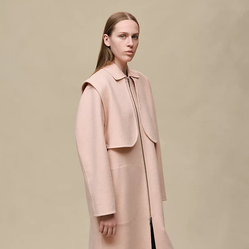 HERMES LONG STORM FLAP COAT ROSE PALOMINO