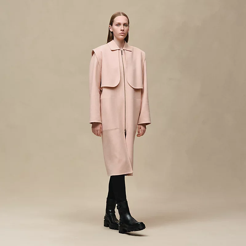 HERMES LONG STORM FLAP COAT ROSE PALOMINO