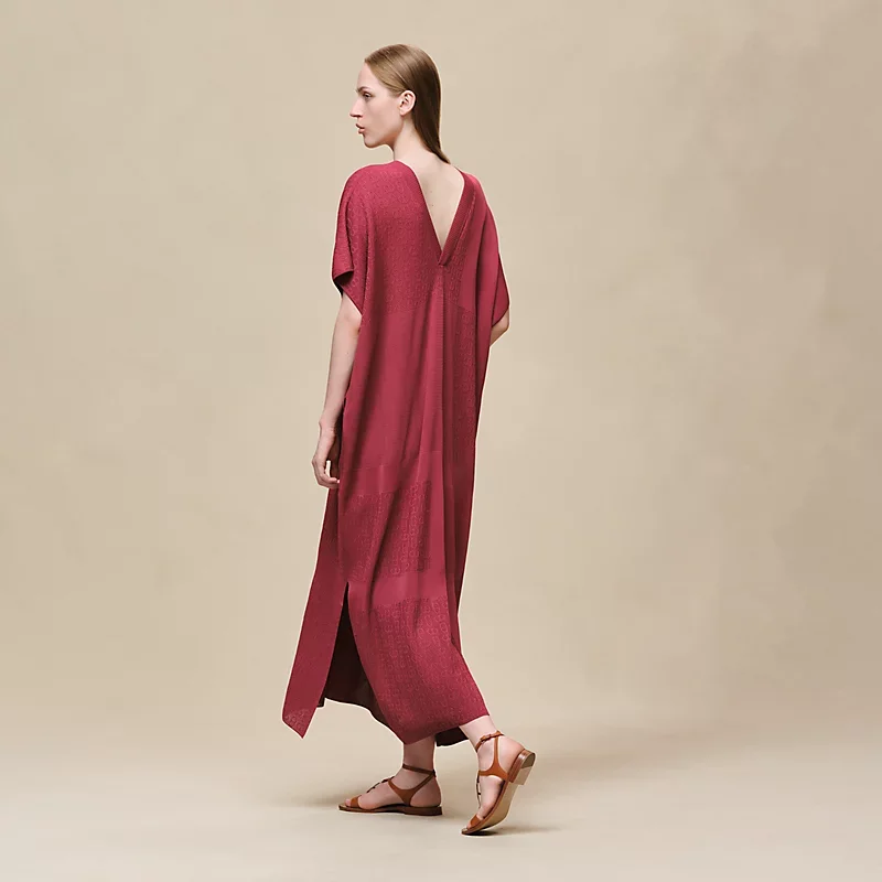 HERMES CHAINE D'ANCRE" LONG CAFTAN DRESS ROSE / LIE DE VIN