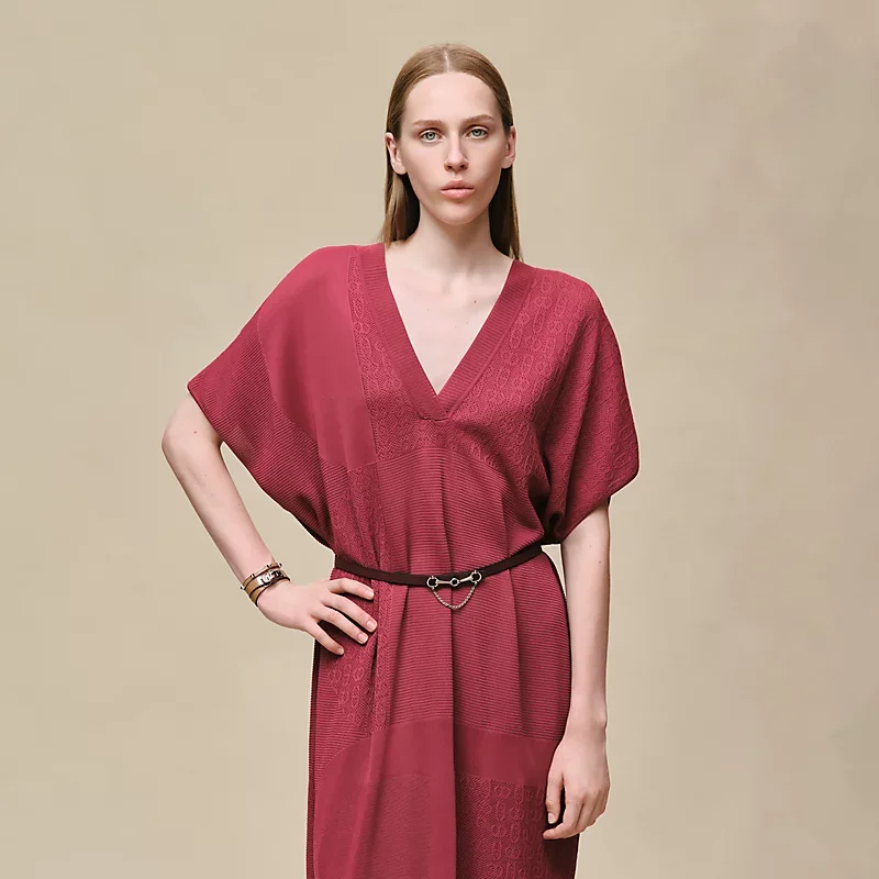 HERMES CHAINE D'ANCRE" LONG CAFTAN DRESS ROSE / LIE DE VIN