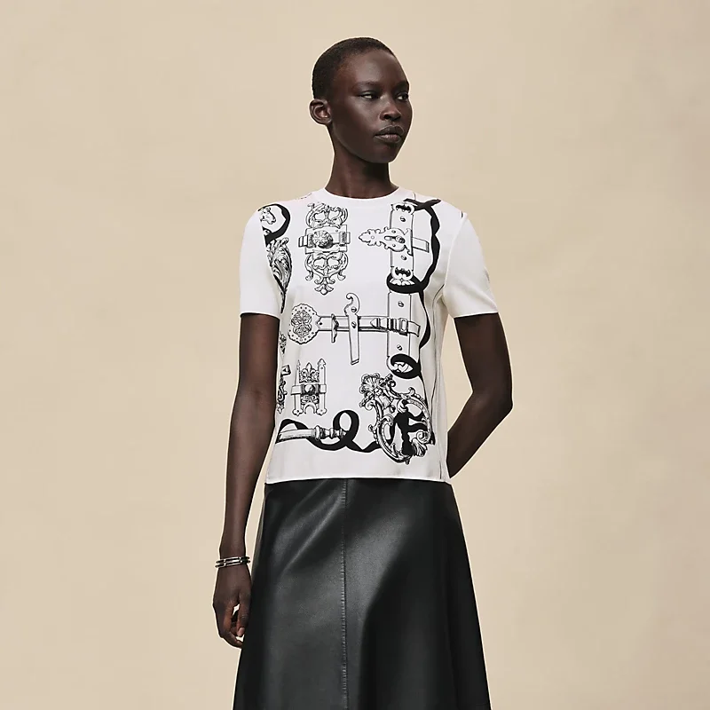 HERMES FERRONNERIE REMIX" SHORT-SLEEVE TWILLAINE SWEATER  BLANC NACRE