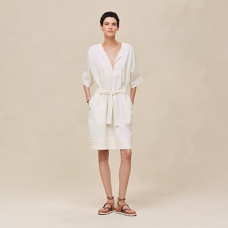 HERMES EMBROIDERED BEACH CAFTAN BLANC CASSé