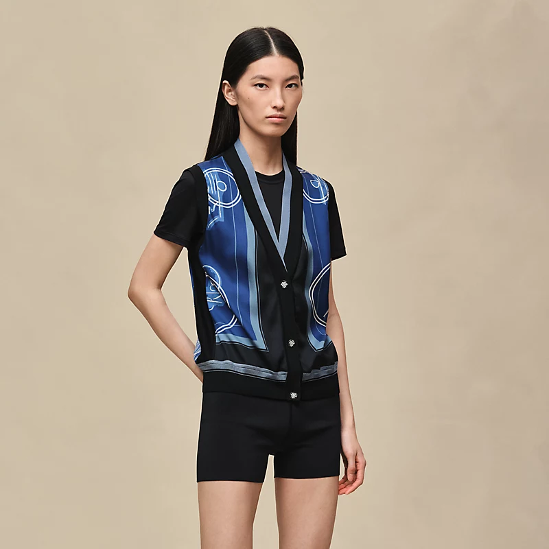 HERMES EX-LIBRIS A MAIN LEVEE" SLEEVELESS TWILLAINE CARDIGAN BLEU LAGUNE