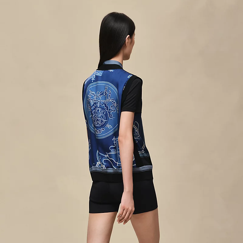 HERMES EX-LIBRIS A MAIN LEVEE" SLEEVELESS TWILLAINE CARDIGAN BLEU LAGUNE