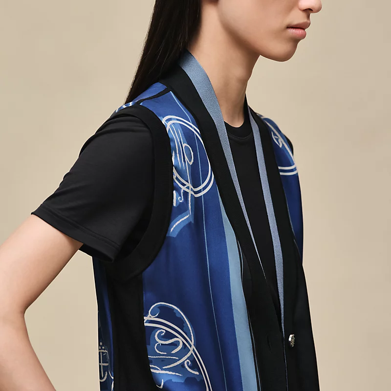 HERMES EX-LIBRIS A MAIN LEVEE" SLEEVELESS TWILLAINE CARDIGAN BLEU LAGUNE
