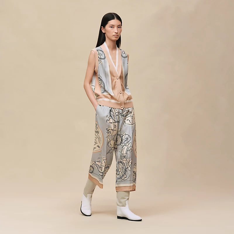 HERMES EX-LIBRIS A MAIN LEVEE" SLEEVELESS TWILLAINE CARDIGAN GRIS PARULINE