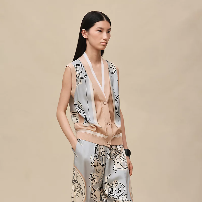 HERMES EX-LIBRIS A MAIN LEVEE" SLEEVELESS TWILLAINE CARDIGAN GRIS PARULINE