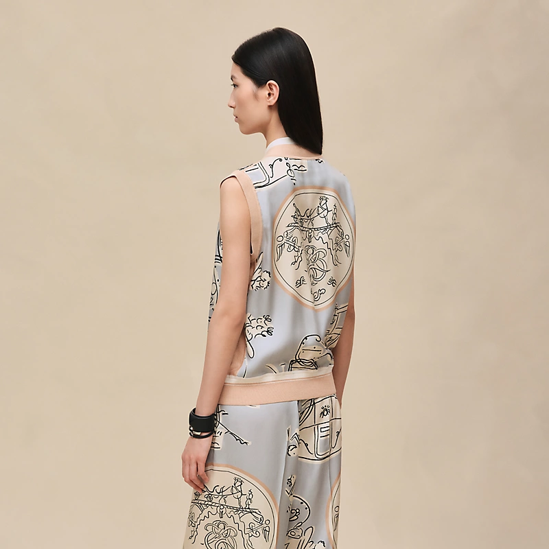 HERMES EX-LIBRIS A MAIN LEVEE" SLEEVELESS TWILLAINE CARDIGAN GRIS PARULINE