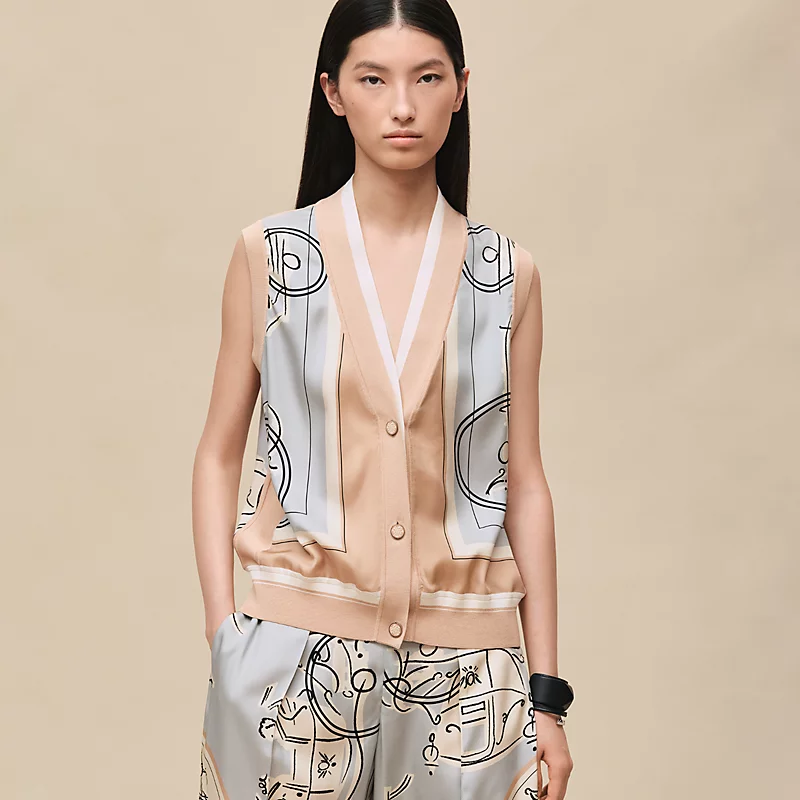 HERMES EX-LIBRIS A MAIN LEVEE" SLEEVELESS TWILLAINE CARDIGAN GRIS PARULINE