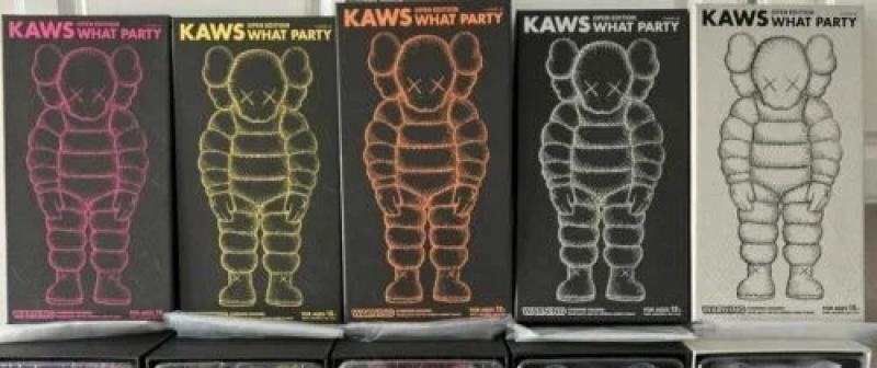 KAWS WHAT PARTY FIGURE SET, SET OF 5, YELLOW ORANGE PINK WHITE BLACK NEW