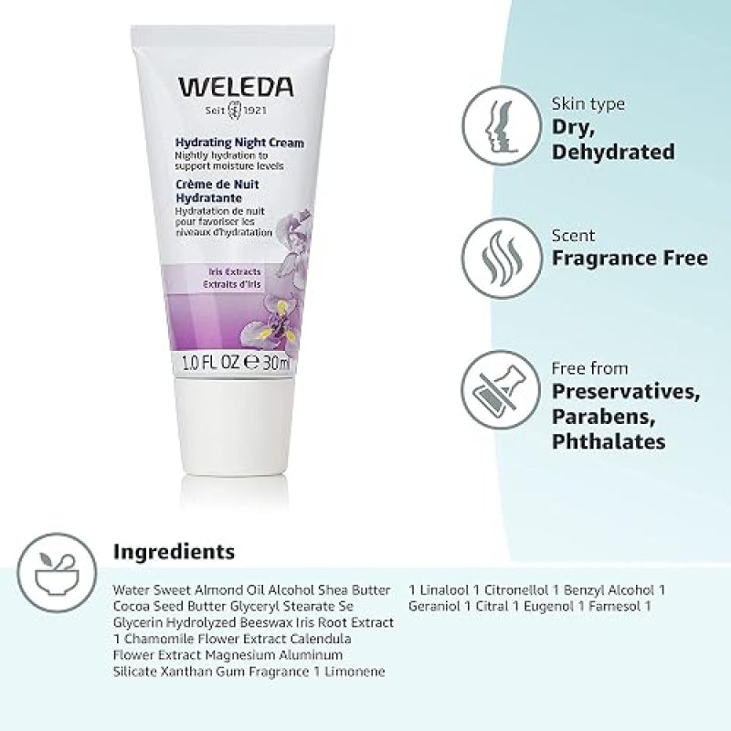 WELEDA HYDRATING NIGHT FACE CREAM 1OZ PLANT-BASED MOISTURIZER WITH IRIS, CALENDULA CHAMOMILE