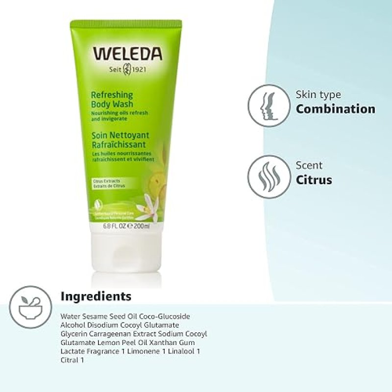 WELEDA REFRESHING CITRUS BODY WASH 6.8 OZ GENTLE PLANT-BASED CLEANSER WITH LEMON SESAME OILS