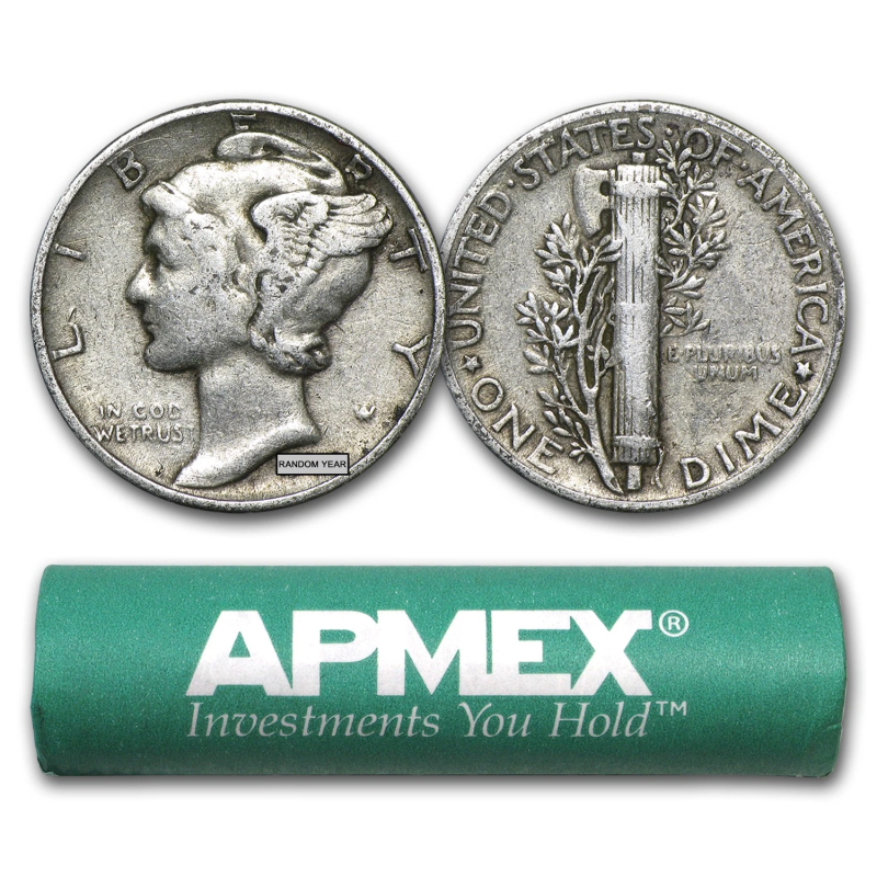 APMEX 90% SILVER MERCURY DIME 50-COIN ROLL AVG CIRC