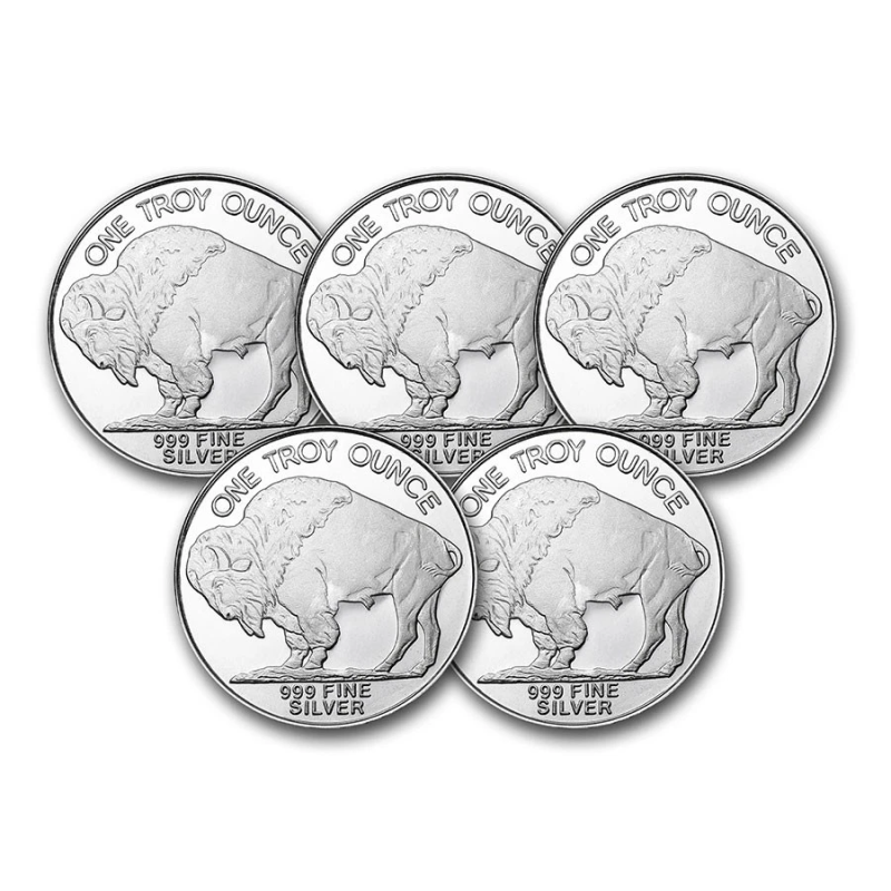 APMEX 1 OZ SILVER ROUND - BUFFALO (LOT OF 5 ROUNDS) - .999 FINE SILVER