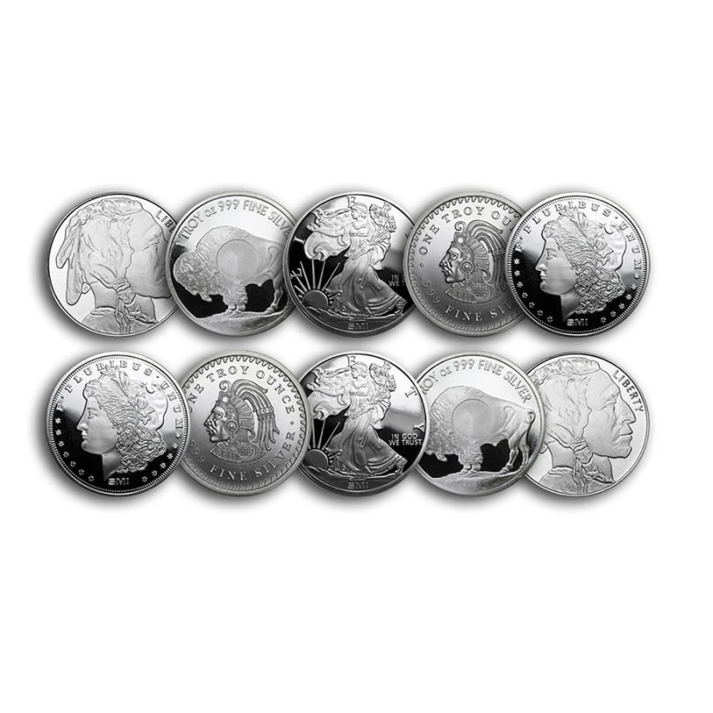 APMEX 1 OZ SILVER ROUND - SECONDARY MARKET - LOT OF 10 ROUNDS .999 SILVER RANDOM BRAND