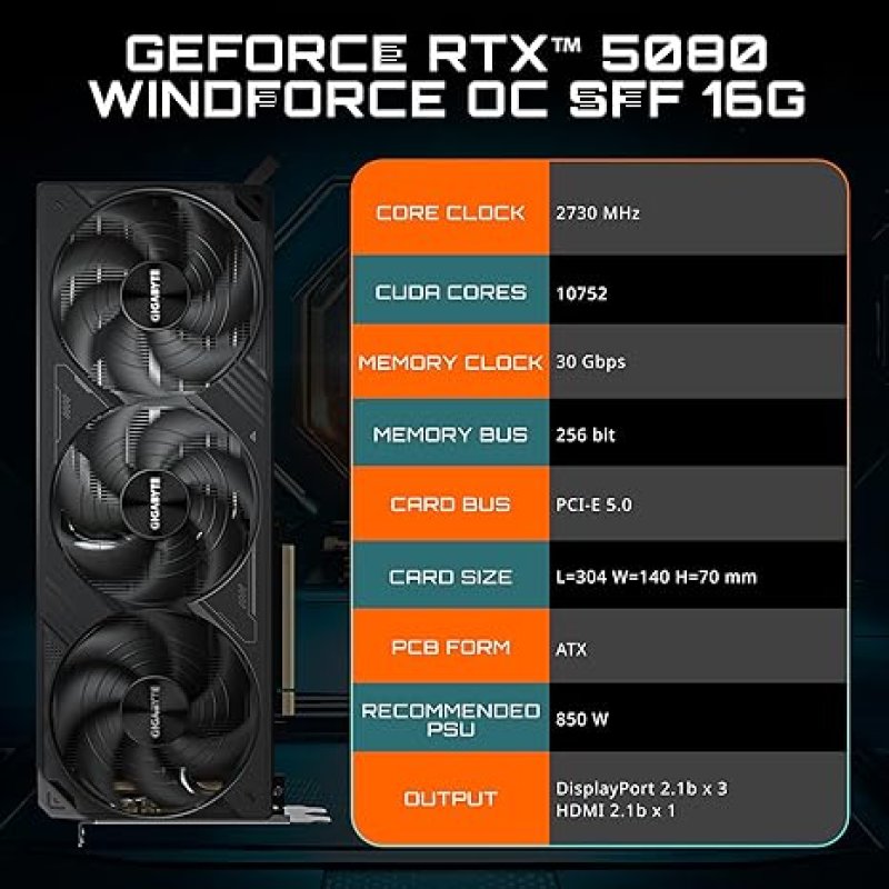 GIGABYTE GEFORCE RTX 5080 WINDFORCE OC SFF 16G GRAPHICS CARD, WINDFORCE COOLING SYSTEM, 16GB 256-BIT GDDR7, GV-N5080WF3OC-16GD VIDEO CARD COMATIBLE WITH DESKTOP-WINDFORCE OC-RTX5080