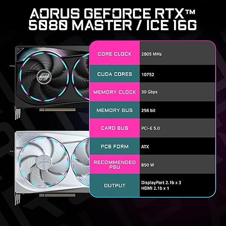 GIGABYTE AORUS GEFORCE RTX 5080 MASTER 16G GRAPHICS CARD, WINDFORCE COOLING SYSTEM, 16GB 256-BIT GDDR7, GV-N5080AORUS M-16GD VIDEO CARD-AORUS- RTX5080
