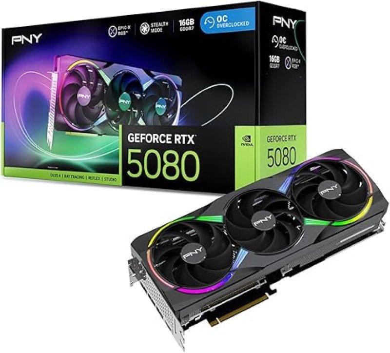 PNY NVIDIA GEFORCE RTX™ 5080 EPIC-X™ ARGB OC TRIPLE FAN, GRAPHICS CARD (16GB GDDR7, 256-BIT, BOOST SPEED: 2775 MHZ, PCIE® 5.0, HDMI®/DP 2.1, 2.99-SLOT, NVIDIA BLACKWELL ARCHITECTURE, DLSS 4)- TRIPLE FAN ARGB OC