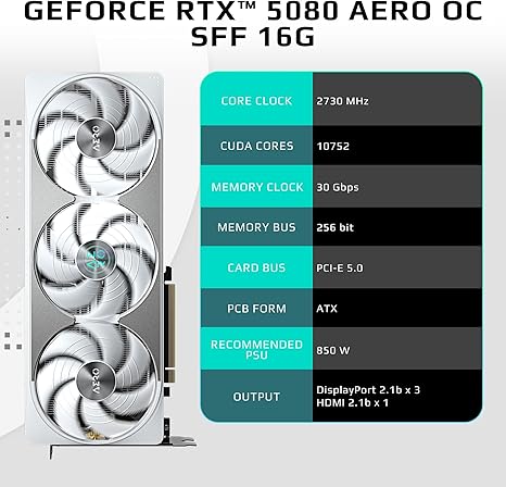 GIGABYTE GEFORCE RTX 5080 AERO OC SFF 16G GRAPHICS CARD, WINDFORCE COOLING SYSTEM, 16GB 256-BIT GDDR7, GV-N5080AERO OC-16GD VIDEO CARD, COMPATIBLE WITH DESKTOP-AERO- RTX5080