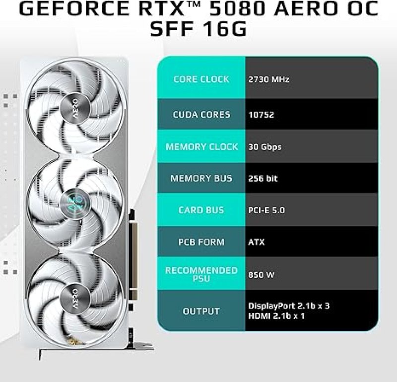 GIGABYTE GEFORCE RTX 5080 AERO OC SFF 16G GRAPHICS CARD, WINDFORCE COOLING SYSTEM, 16GB 256-BIT GDDR7, GV-N5080AERO OC-16GD VIDEO CARD, COMPATIBLE WITH DESKTOP-AERO- RTX5080