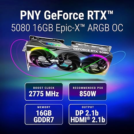 PNY NVIDIA GEFORCE RTX™ 5080 SLIM DUAL-FAN, DUAL-SLOT OC GRAPHICS CARD (16GB GDDR7, SFF-READY, 256-BIT, BOOST SPEED: 2730 MHZ, PCIE® 5.0, HDMI®/DP 2.1, NVIDIA BLACKWELL ARCHITECTURE, DLSS 4.5)-TRIPLE FAN ARGB OC