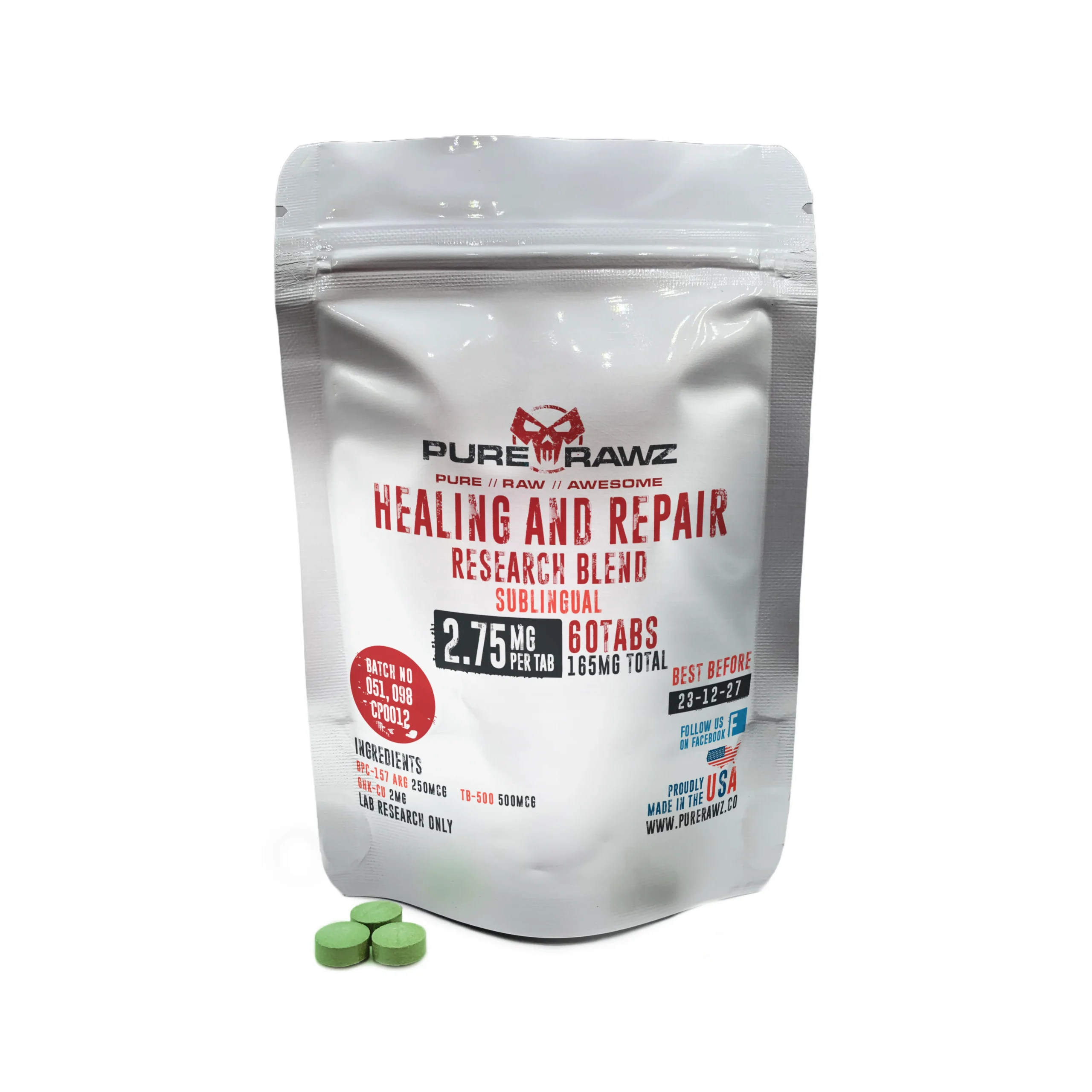 PURERAWZ HEALING AND REPAIR RESEARCH BLEND: BPC-157 ARG + THYMOSIN BETA-4 + GHK-CU SUBLINQUAL TABLETS 2.75MQ PER  TABLET/60CT/165MQ