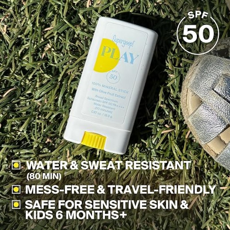 SUPERGOOP! PLAY MINERAL STICK SPF 50 - VEGAN, WATER RESISTANT BROAD SPECTRUM FACE SUNSCREEN