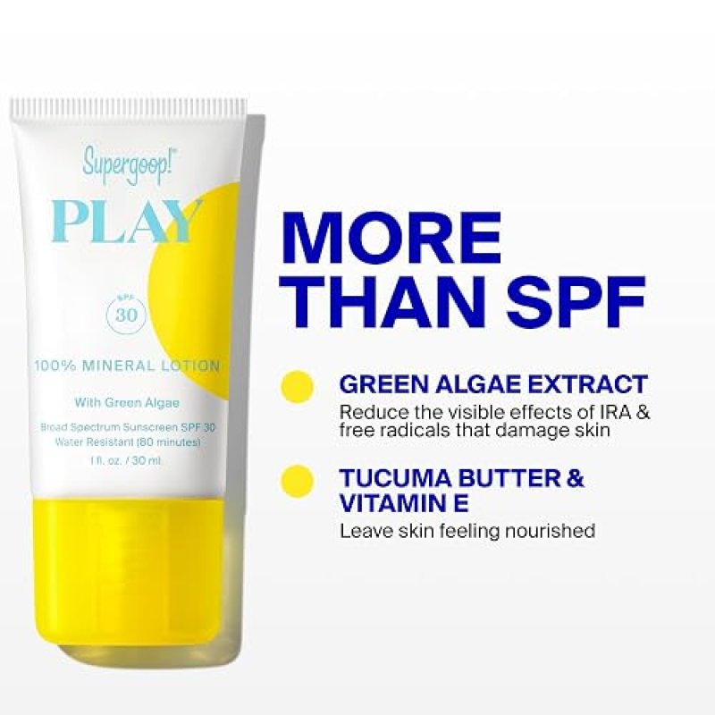 SUPERGOOP! PLAY MINERAL LOTION SPF 30 - LIGHTWEIGHT, WATER-RESISTANT SUNSCREEN 3.4 OZ