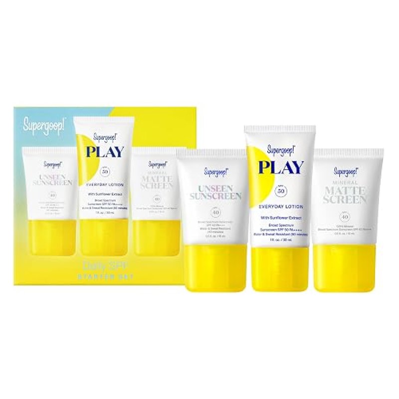 SUPERGOOP! DAILY SPF STARTER KIT - 3 TRAVEL SUNSCREENS SPF 40 50, NON-COMEDOGENIC