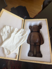 KAWS COMPANION WOODEN FIGURE BROWN IN WOODEN BOX W/ GLOVES COLLECTIBLE