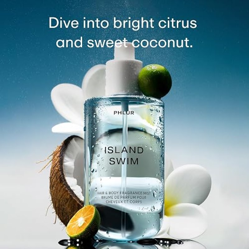 PHLUR ISLAND SWIM BODY MIST 8OZ TROPICAL CITRUS COCONUT HAIR BODY PERFUME SPRAY
