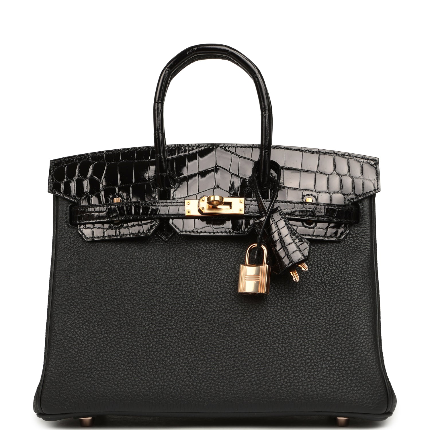 HERMèS BIRKIN 25 TOUCH BLACK TOGO, SHINY NILOTICUS CROCODILE TOUCH ROSE GOLD HARDWARE
