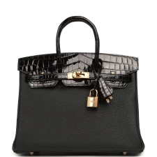 HERMèS BIRKIN 25 TOUCH BLACK TOGO, SHINY NILOTICUS CROCODILE TOUCH ROSE GOLD HARDWARE