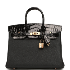 HERMèS BIRKIN 25 TOUCH BLACK TOGO, SHINY NILOTICUS CROCODILE TOUCH ROSE GOLD HARDWARE