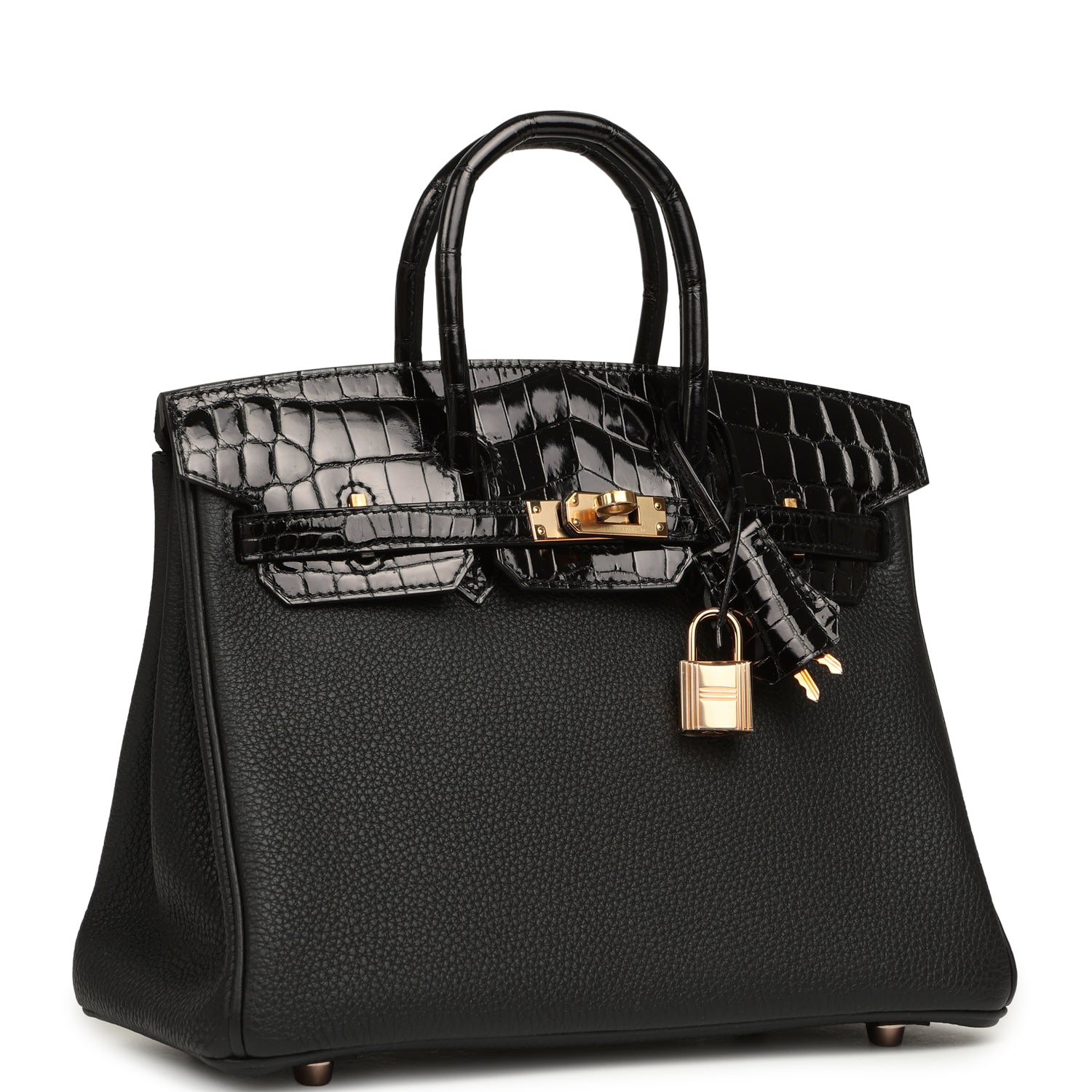 HERMèS BIRKIN 25 TOUCH BLACK TOGO, SHINY NILOTICUS CROCODILE TOUCH ROSE GOLD HARDWARE