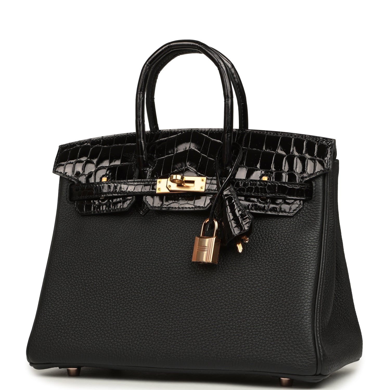 HERMèS BIRKIN 25 TOUCH BLACK TOGO, SHINY NILOTICUS CROCODILE TOUCH ROSE GOLD HARDWARE