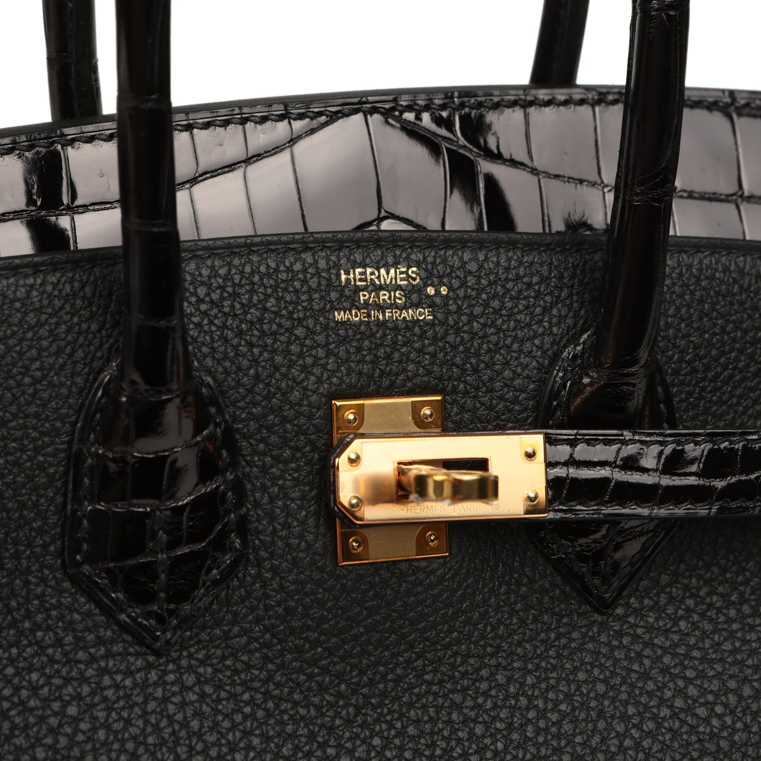 HERMèS BIRKIN 25 TOUCH BLACK TOGO, SHINY NILOTICUS CROCODILE TOUCH ROSE GOLD HARDWARE