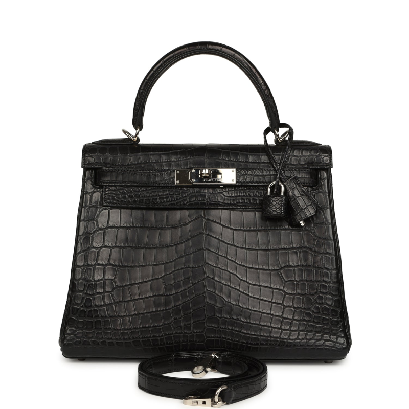 HERMèS KELLY RETOURNE 28 BLACK MATTE NILOTICUS CROCODILE PALLADIUM HARDWARE