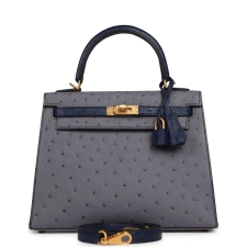 HERMèS SPECIAL ORDER (HSS) KELLY SELLIER 25 GRIS AGATE, BLEU IRIS OSTRICH BRUSHED GOLD HARDWARE