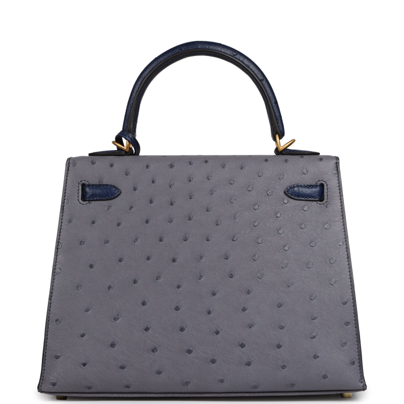 HERMèS SPECIAL ORDER (HSS) KELLY SELLIER 25 GRIS AGATE, BLEU IRIS OSTRICH BRUSHED GOLD HARDWARE