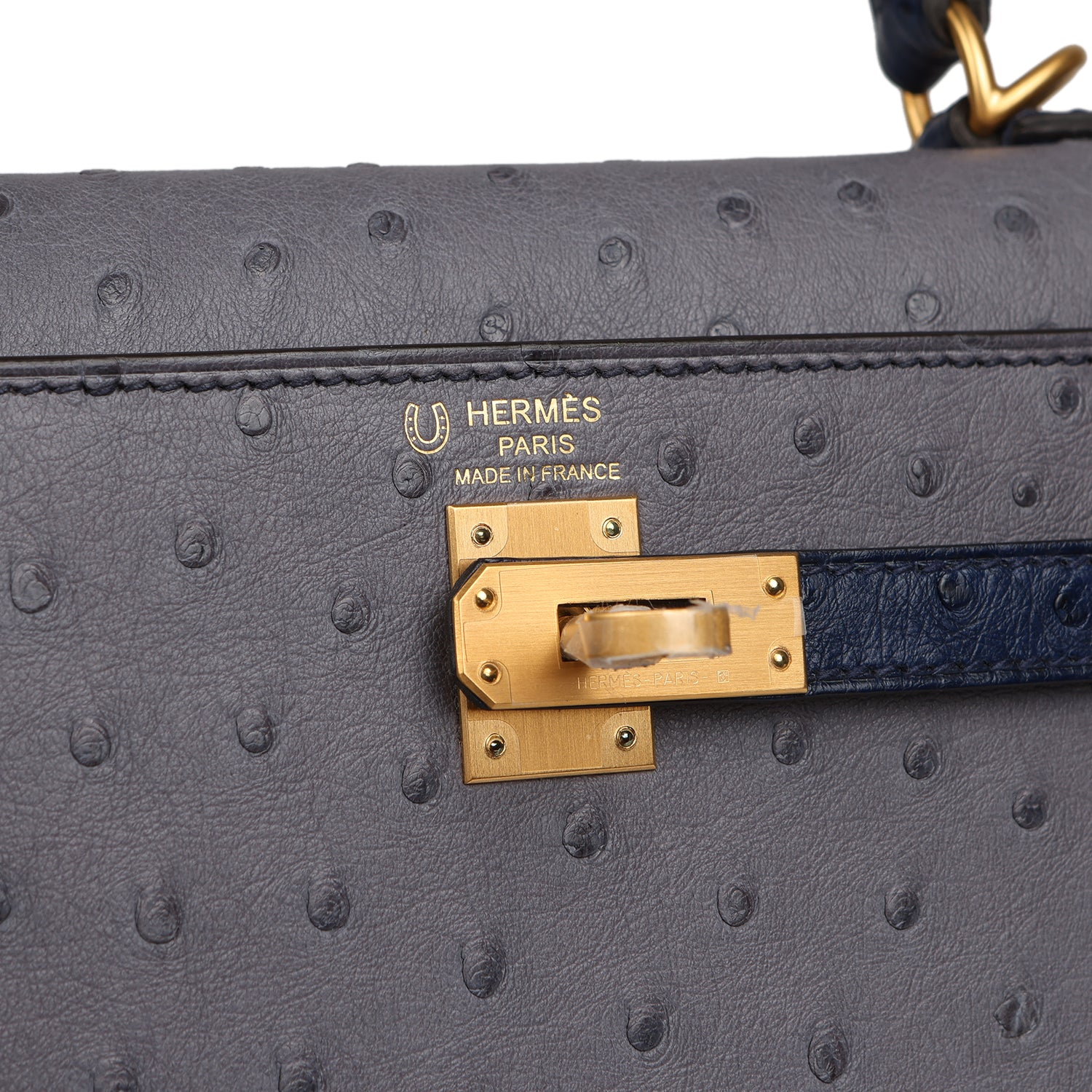 HERMèS SPECIAL ORDER (HSS) KELLY SELLIER 25 GRIS AGATE, BLEU IRIS OSTRICH BRUSHED GOLD HARDWARE