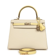 HERMèS SPECIAL ORDER (HSS) KELLY SELLIER 25 CRAIE, JAUNE POUSSIN EPSOM GOLD HARDWARE
