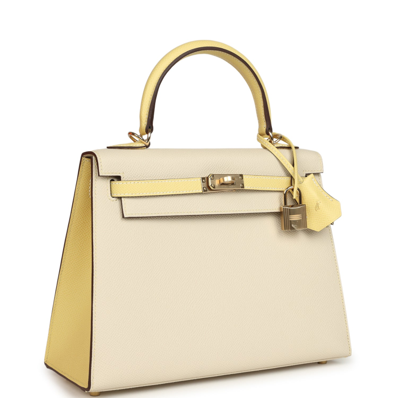 HERMèS SPECIAL ORDER (HSS) KELLY SELLIER 25 CRAIE, JAUNE POUSSIN EPSOM GOLD HARDWARE