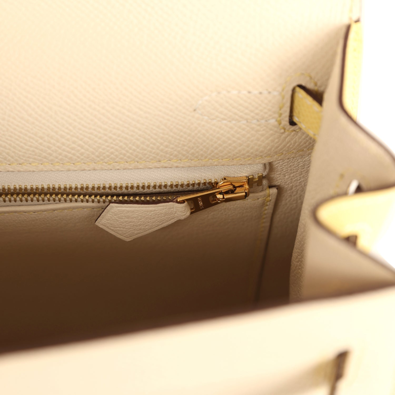 HERMèS SPECIAL ORDER (HSS) KELLY SELLIER 25 CRAIE, JAUNE POUSSIN EPSOM GOLD HARDWARE