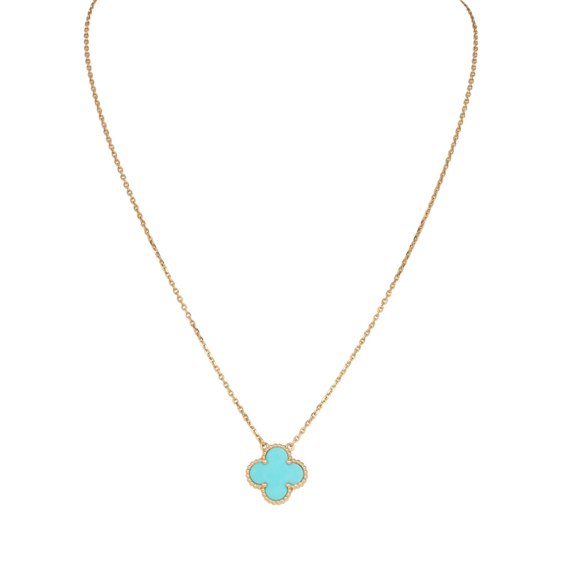 VAN CLEEF & ARPELS VINTAGE ALHAMBRA MOTIF PENDANT NECKLACE TURQUOISE 18K YELLOW GOLD