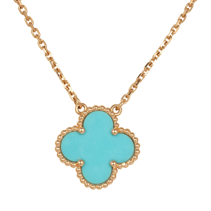 VAN CLEEF & ARPELS VINTAGE ALHAMBRA MOTIF PENDANT NECKLACE TURQUOISE 18K YELLOW GOLD
