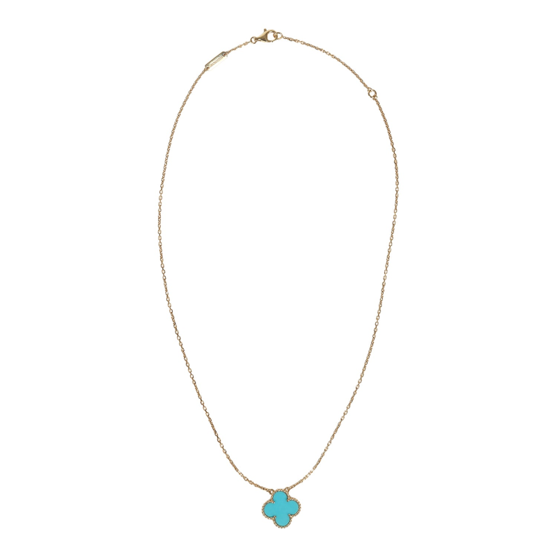 VAN CLEEF & ARPELS VINTAGE ALHAMBRA MOTIF PENDANT NECKLACE TURQUOISE 18K YELLOW GOLD